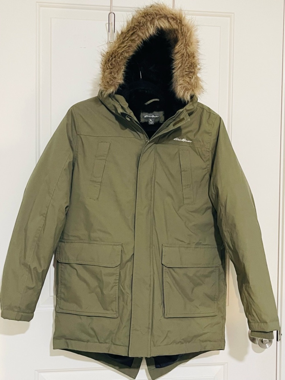 Eddie Bauer kids L 14/16 Green Puffer Jacket & Fur Hood winter parka Pre Owned